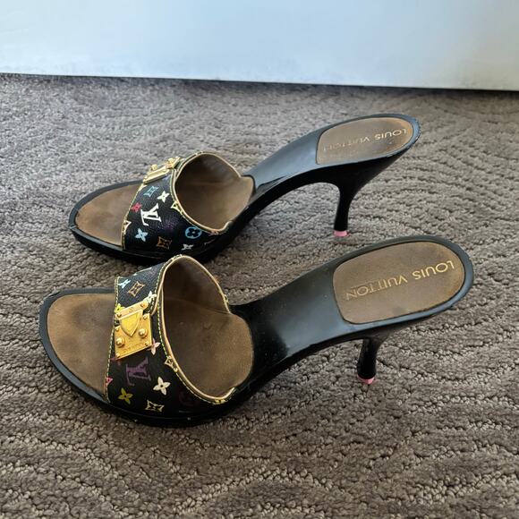 Louis Vuitton Y2K Murakami Black Multicolor LV Buckle Mule Sandals Heels EU 36.5 - Picture 7 of 14
